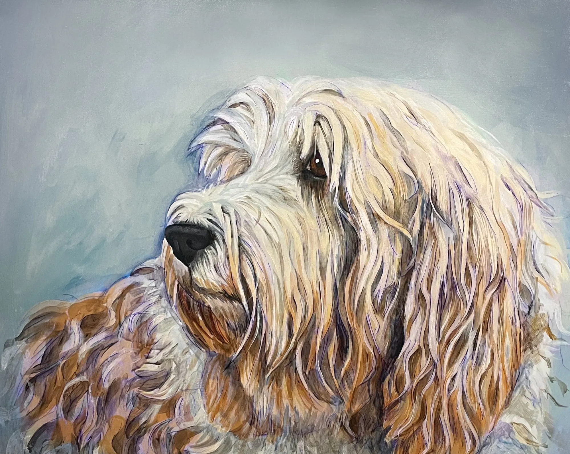Acrylic painting of a happy-looking brown dog named Farley.